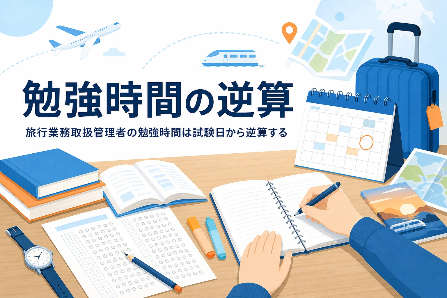 旅行業務取扱管理者の勉強時間を、試験日から逆算してスケジュールを立てる方法を紹介する記事のアイキャッチ