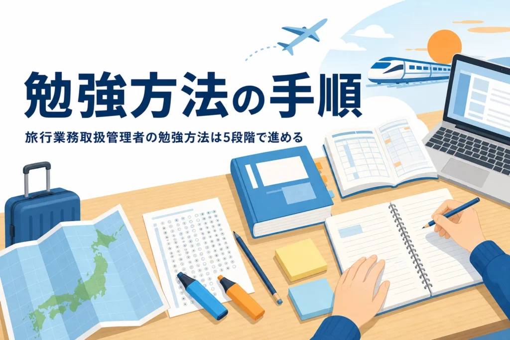 旅行業務取扱管理者の勉強方法を、5段階の手順と科目ごとの重みづけで紹介する記事のアイキャッチ