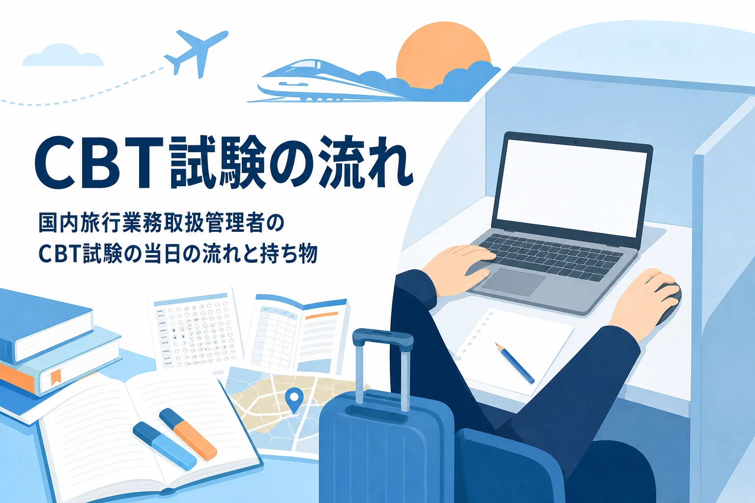 国内旅行業務取扱管理者のCBT試験について、当日の流れと持ち物を解説する記事のアイキャッチ