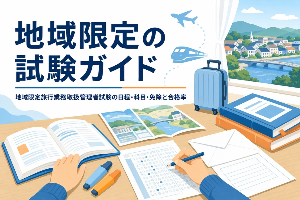 地域限定旅行業務取扱管理者試験の日程・科目・免除と合格率を説明する記事のアイキャッチ