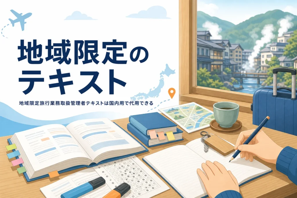 地域限定旅行業務取扱管理者のテキストを、国内用のテキストで代わりに勉強する方法を紹介する記事のアイキャッチ