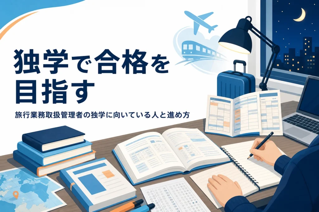 旅行業務取扱管理者を独学で目指す人に向けて、向いている人の見分け方と進め方を紹介する記事のアイキャッチ