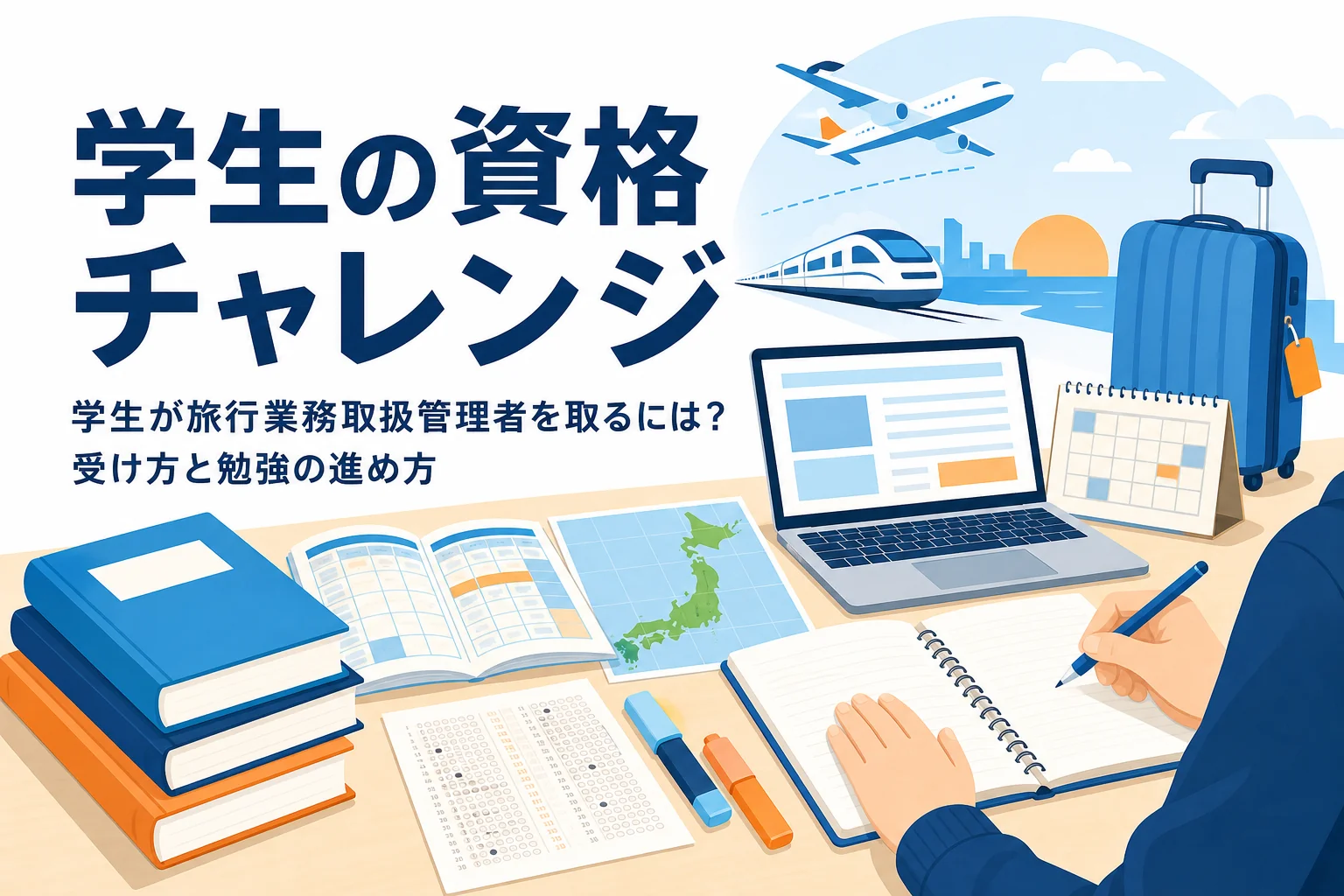 学生が旅行業務取扱管理者を取るための試験の選び方と勉強の進め方を解説する記事のアイキャッチ