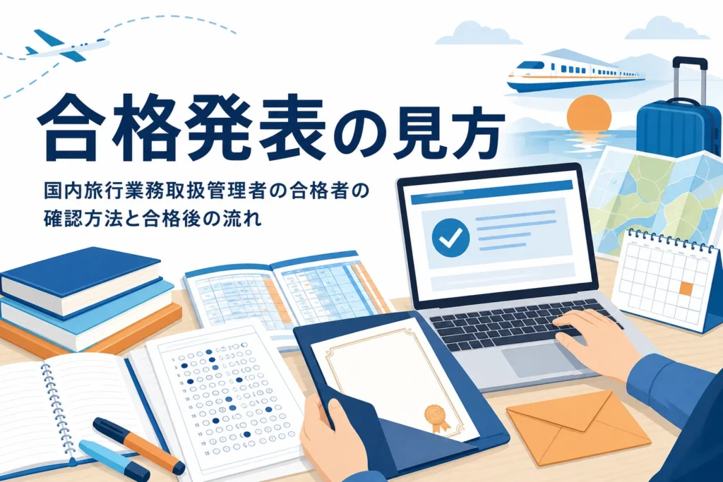国内旅行業務取扱管理者の合格者の確認方法と、合格発表から合格後までの流れを解説する記事のアイキャッチ