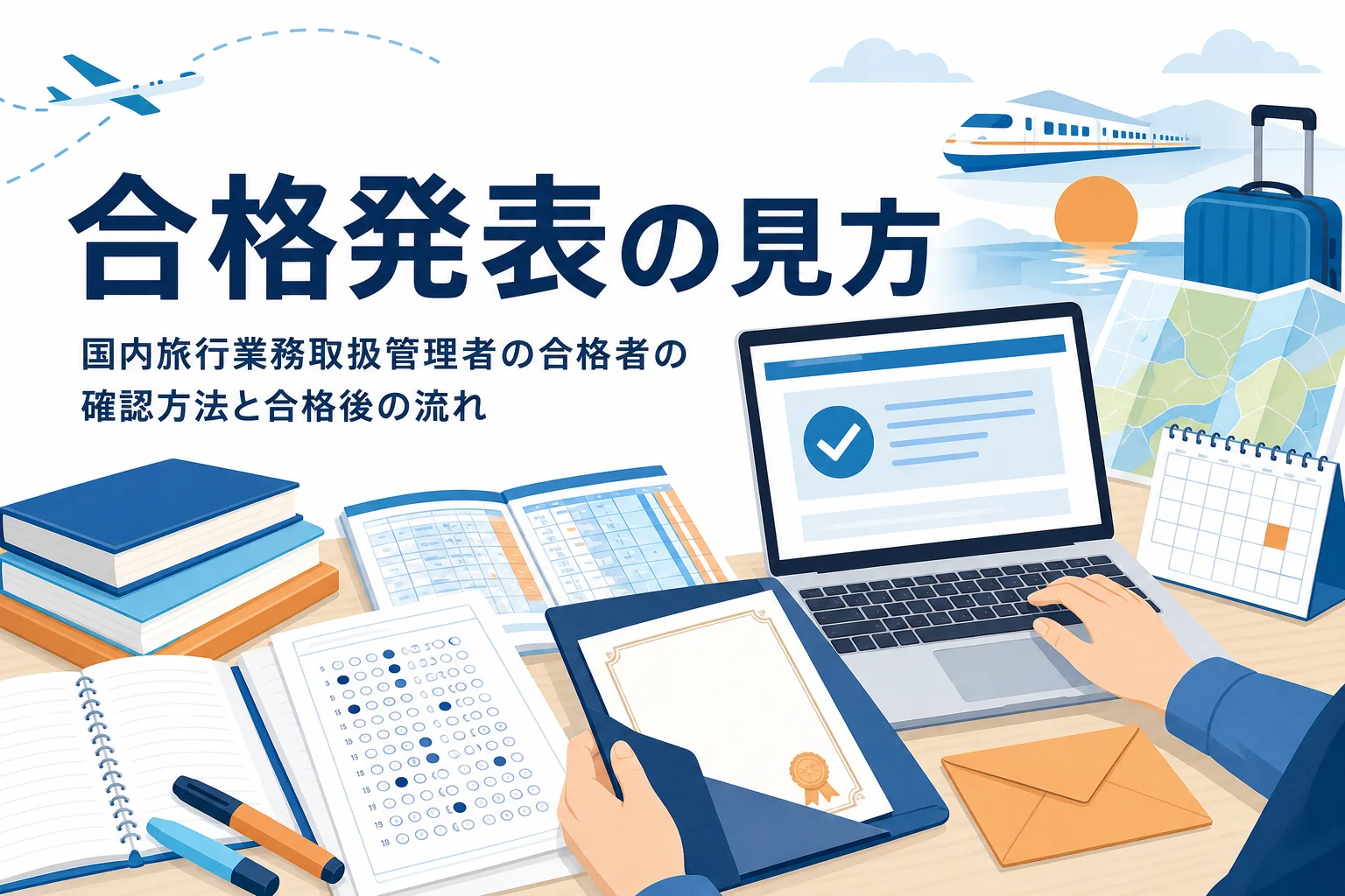 国内旅行業務取扱管理者の合格者の確認方法と、合格発表から合格後までの流れを解説する記事のアイキャッチ