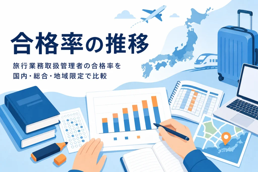 旅行業務取扱管理者の合格率を、国内・総合・地域限定の3試験の推移で比べる記事のアイキャッチ
