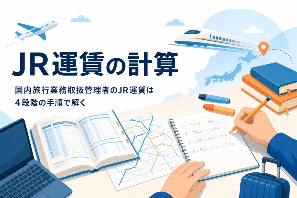国内旅行業務取扱管理者のJR運賃・料金計算を4段階の手順で解く方法を解説する記事のアイキャッチ