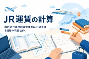 国内旅行業務取扱管理者のJR運賃・料金計算を4段階の手順で解く方法を解説する記事のアイキャッチ