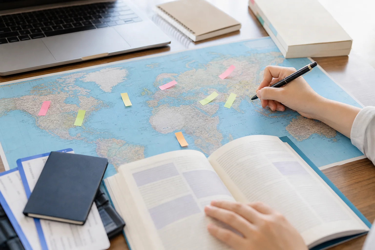 世界地図の上にパスポート風の手帳、航空券風の紙、英語の参考書、付箋が置かれた勉強の手元の写真