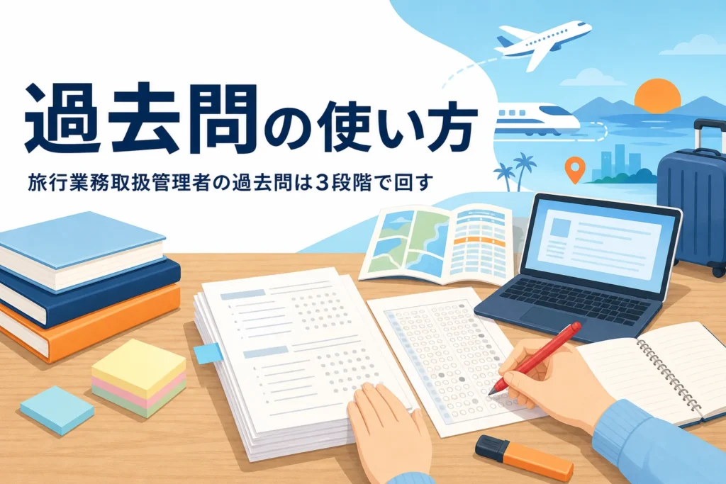 旅行業務取扱管理者の過去問を、何年分・何周・どう解くかの3段階で回す方法を紹介する記事のアイキャッチ
