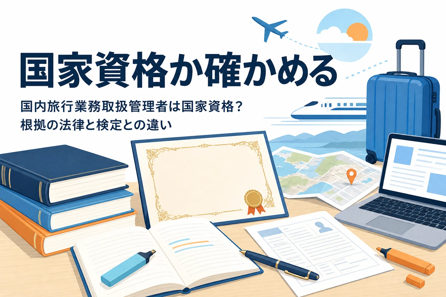 国内旅行業務取扱管理者が国家資格かどうかと、検定との違いを解説する記事のアイキャッチ