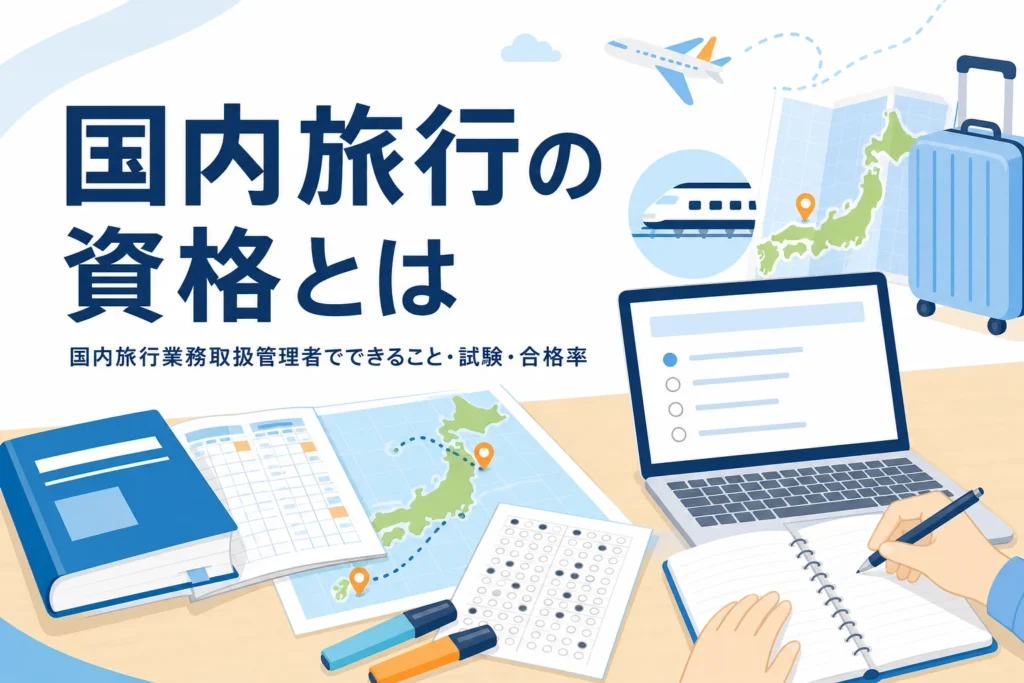 国内旅行業務取扱管理者でできることと試験・合格率を解説する記事のアイキャッチ