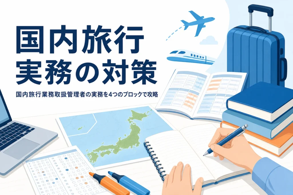 国内旅行業務取扱管理者の実務を4つのブロックに分けて対策する方法を解説する記事のアイキャッチ