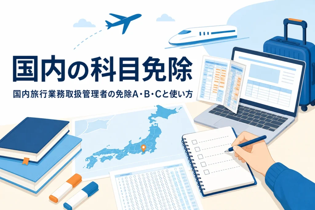 国内旅行業務取扱管理者の科目免除A・B・Cと使い方を解説する記事のアイキャッチ
