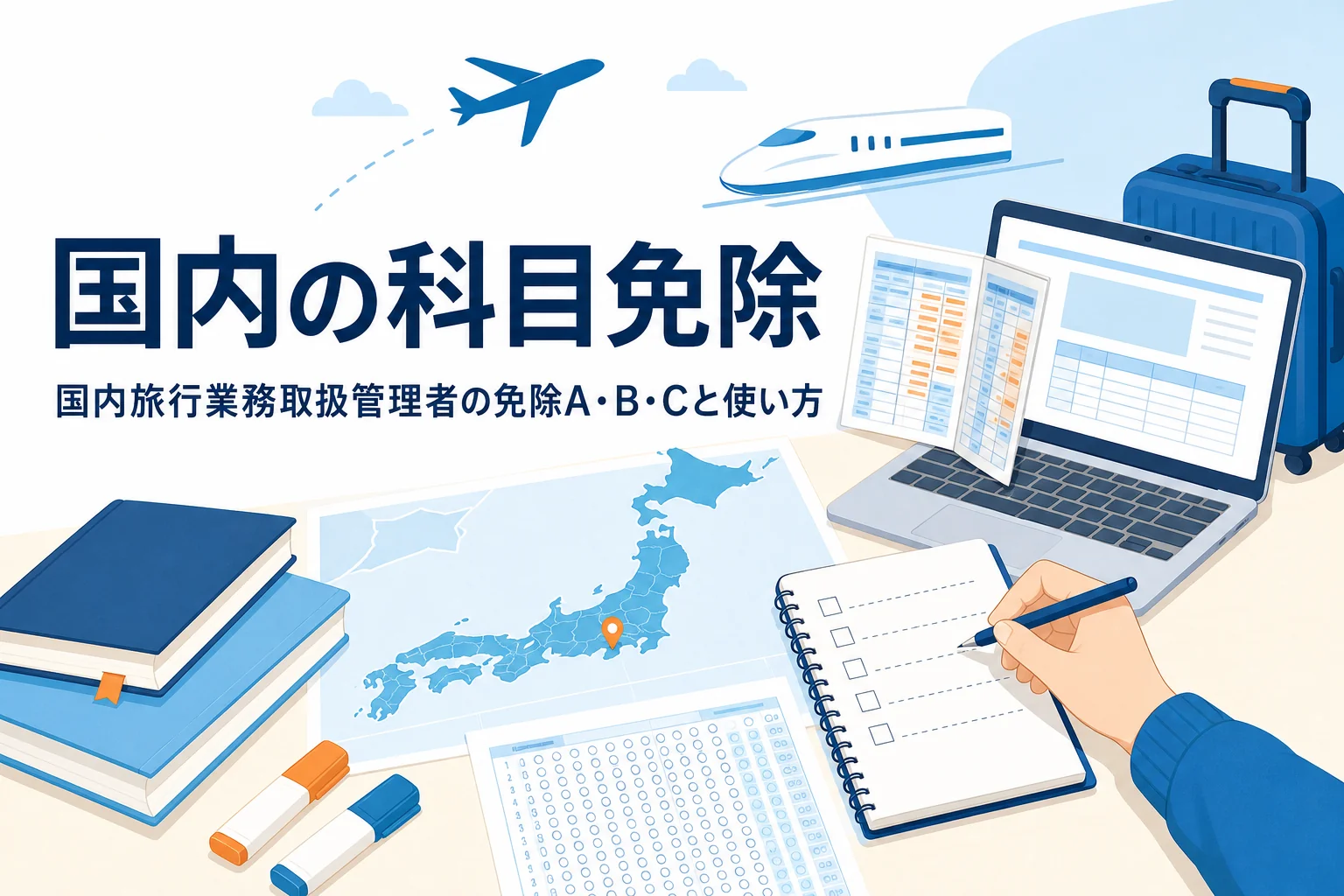 国内旅行業務取扱管理者の科目免除A・B・Cと使い方を解説する記事のアイキャッチ