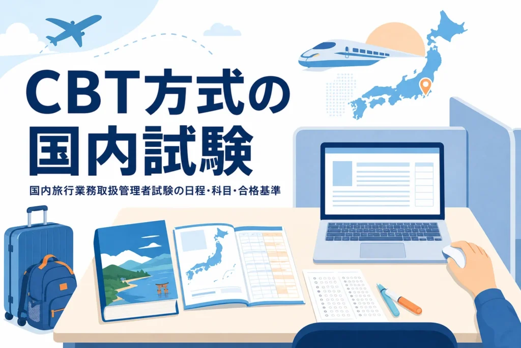 国内旅行業務取扱管理者試験のCBT方式の日程・科目・合格基準を説明する記事のアイキャッチ