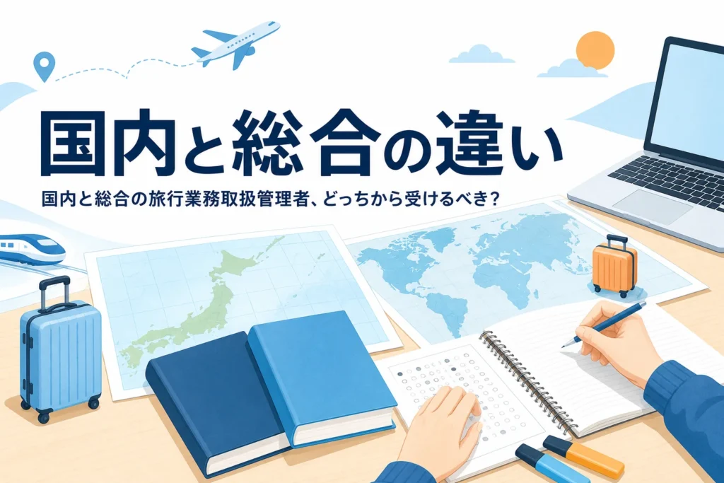 国内と総合の旅行業務取扱管理者の違いと、どちらから受けるかを解説する記事のアイキャッチ