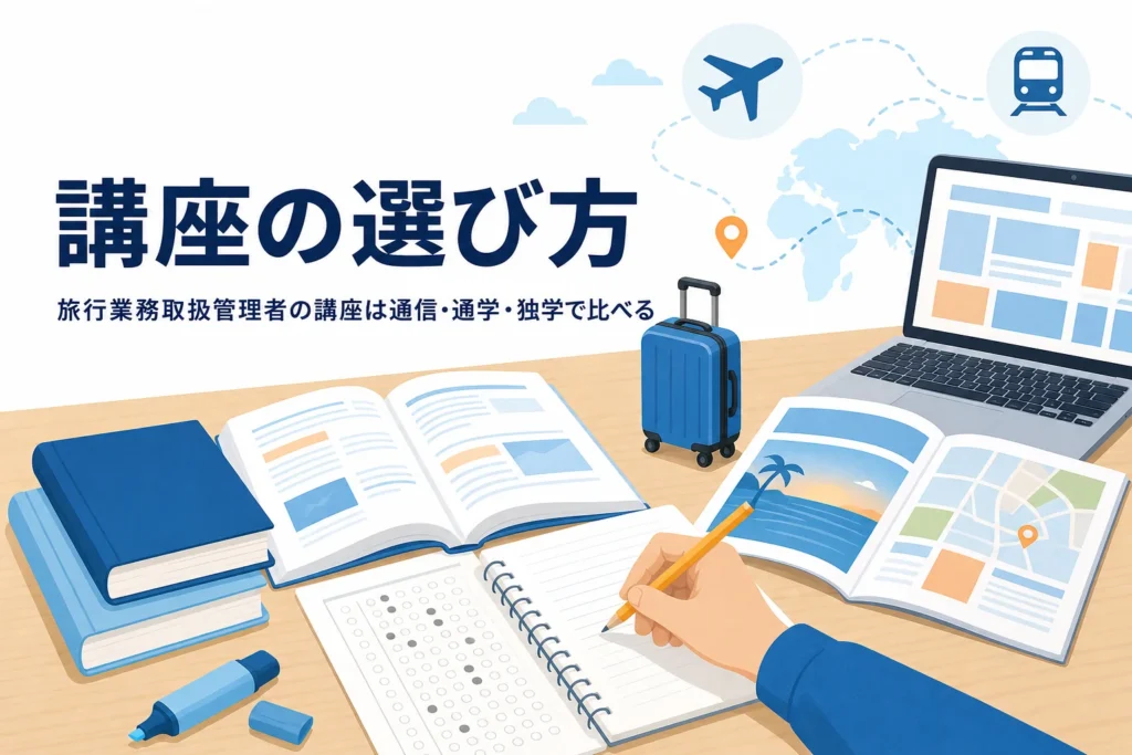 旅行業務取扱管理者の講座を、通信講座・通学スクール・独学の3通りで比べる記事のアイキャッチ