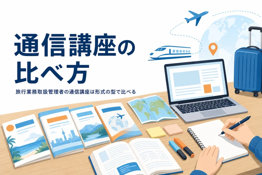 旅行業務取扱管理者の通信講座を、学校ごとの形式の見方で比べる記事のアイキャッチ