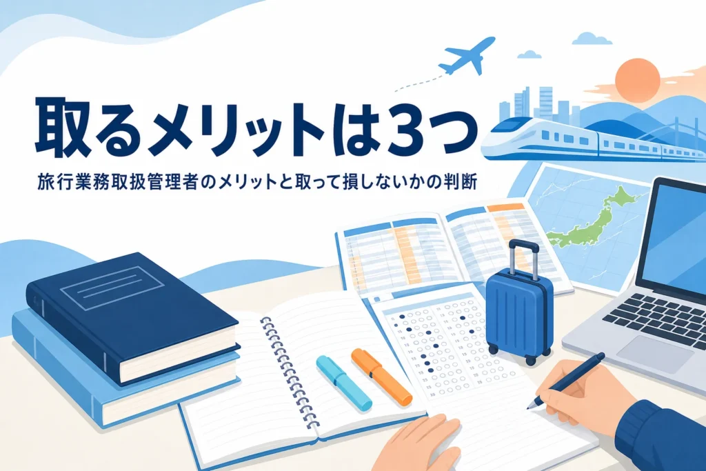 旅行業務取扱管理者を取るメリットと、取って損しないかの判断の仕方を解説する記事のアイキャッチ