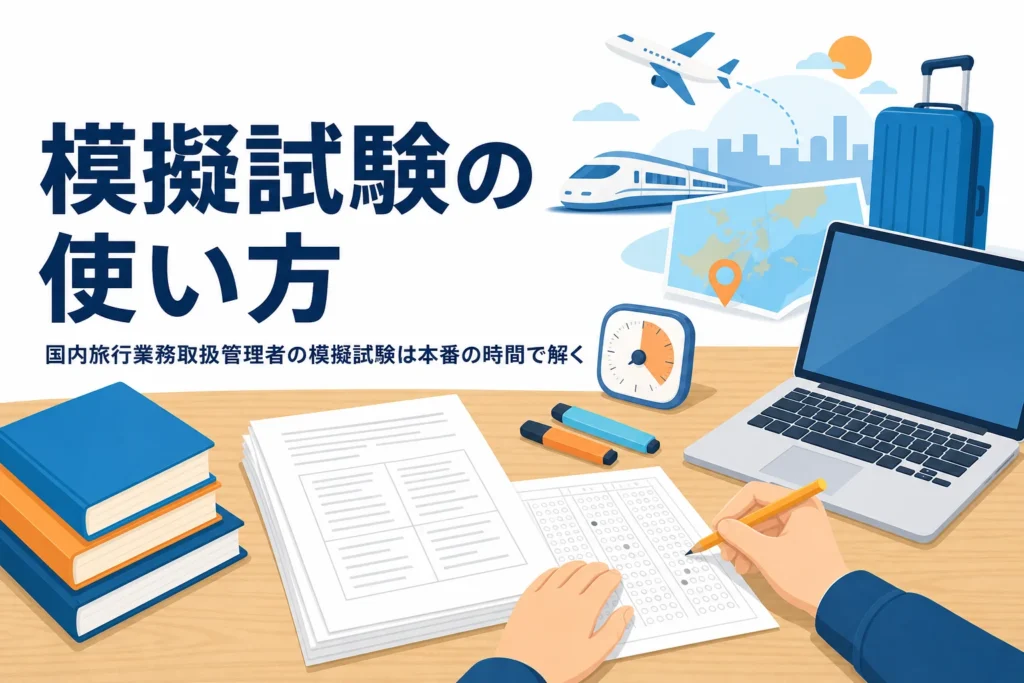 国内旅行業務取扱管理者の模擬試験を、本番と同じ時間で解く練習に使う方法を紹介する記事のアイキャッチ