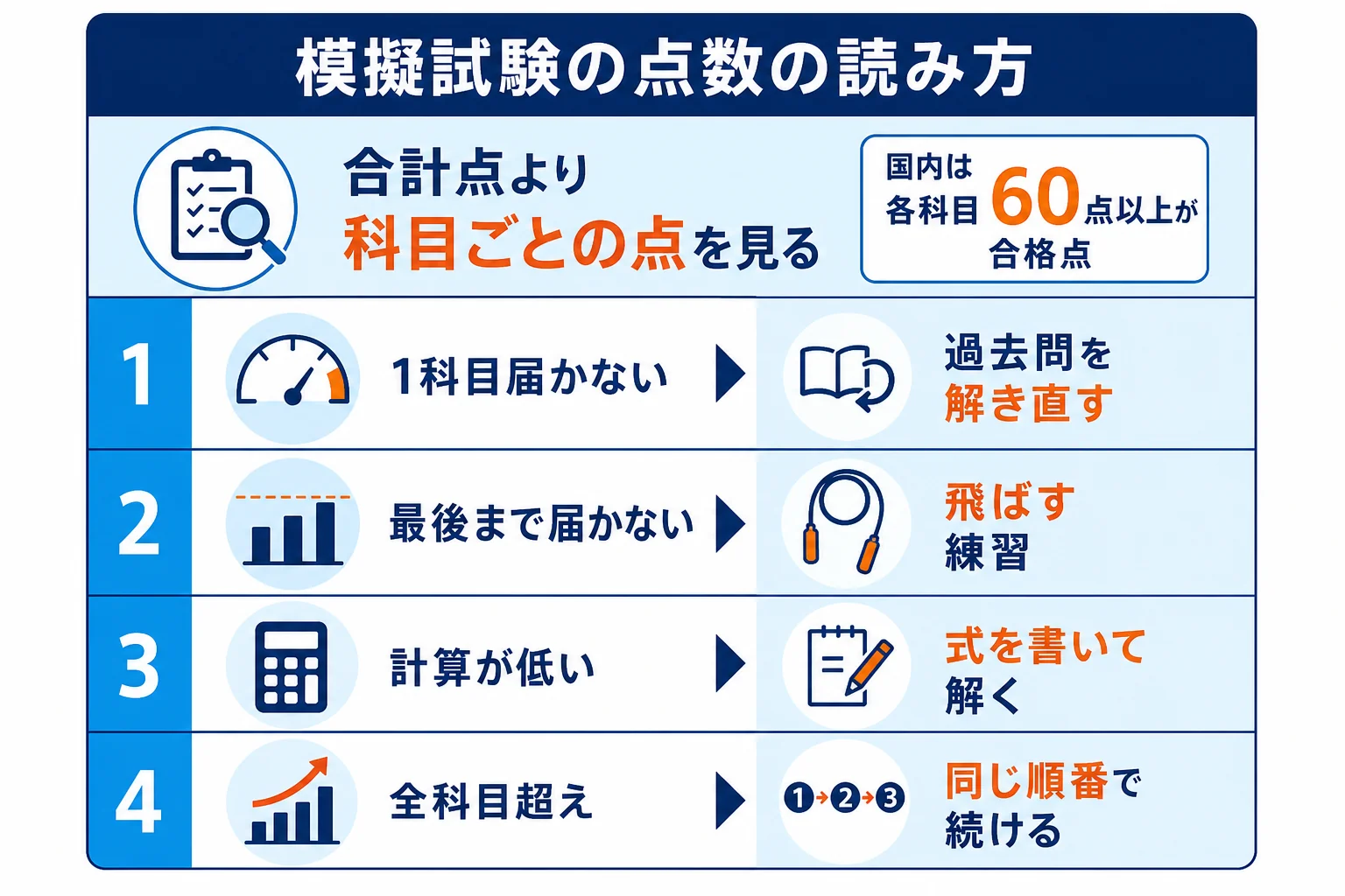 模擬試験の点数を科目ごとに合格点と比べ、次にやることを決める判定表の図解