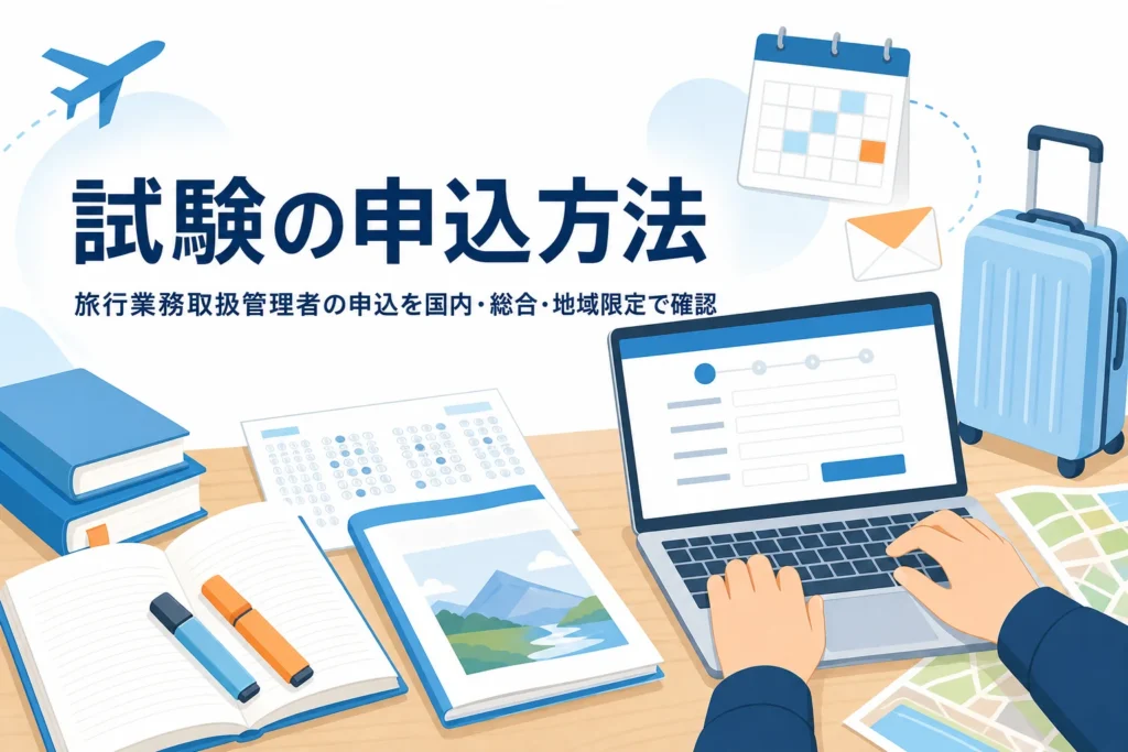 旅行業務取扱管理者試験の申込方法を、国内・総合・地域限定の3つに分けて解説する記事のアイキャッチ