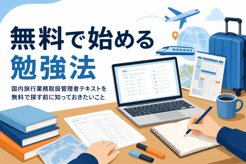 国内旅行業務取扱管理者を、公式の過去問や出題例を使って無料で勉強する方法を紹介する記事のアイキャッチ