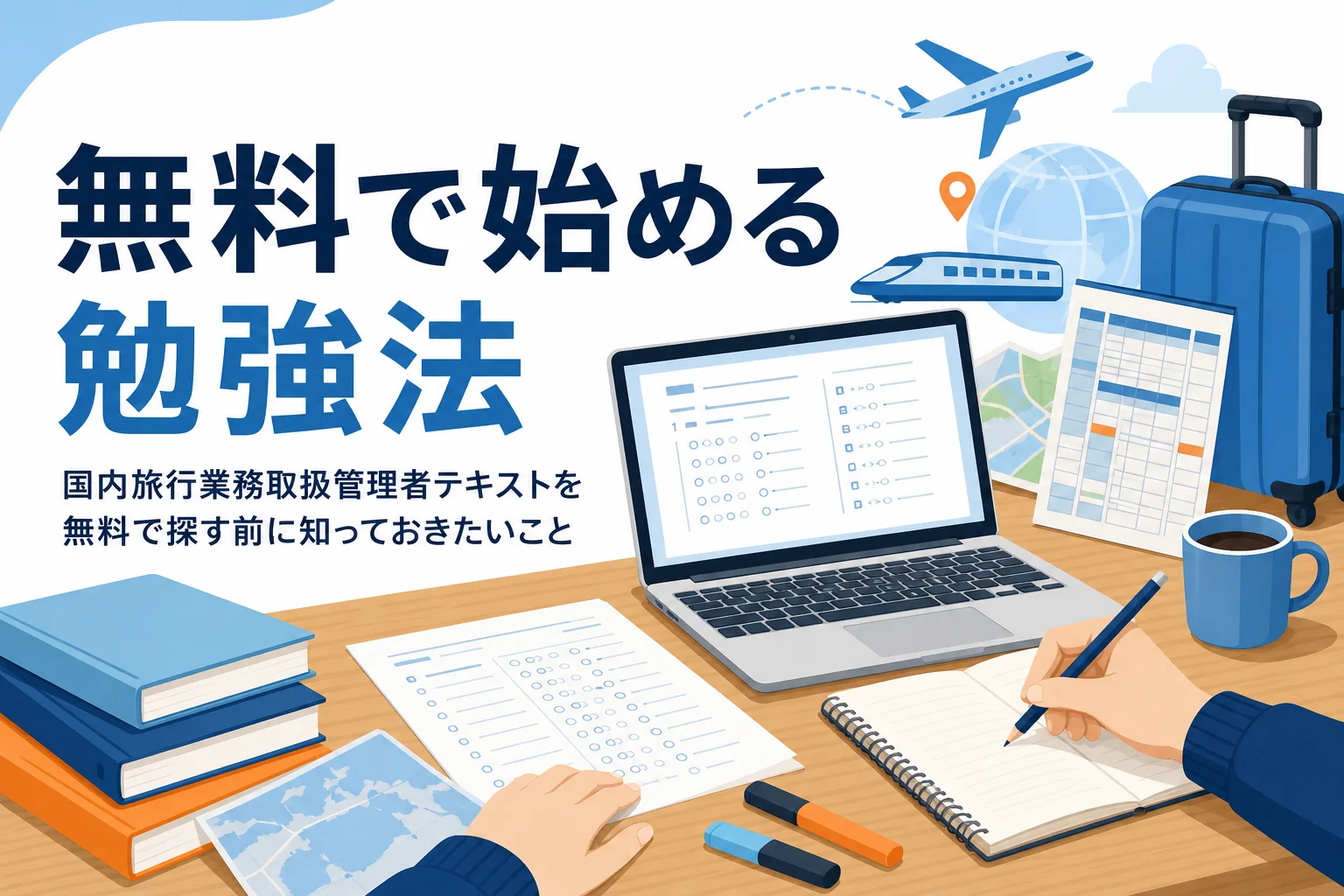 国内旅行業務取扱管理者を、公式の過去問や出題例を使って無料で勉強する方法を紹介する記事のアイキャッチ