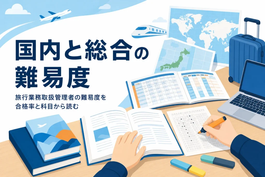 旅行業務取扱管理者の難易度を、国内と総合の合格率と科目の中身から解説する記事のアイキャッチ
