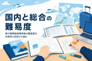 旅行業務取扱管理者の難易度を、国内と総合の合格率と科目の中身から解説する記事のアイキャッチ