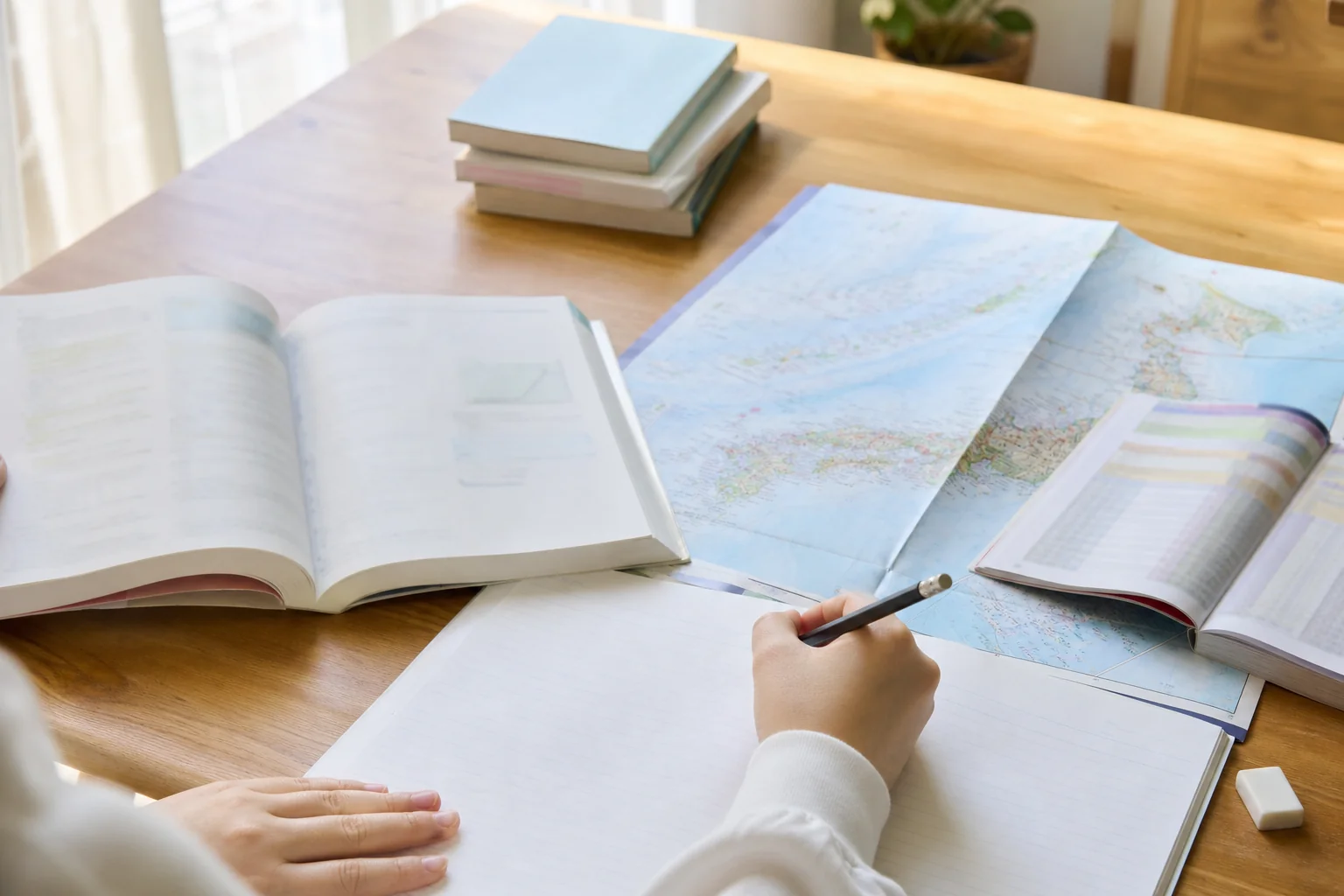 机の上に参考書と過去問、日本地図が並んだ、旅行業務取扱管理者の勉強をしている手元の写真
