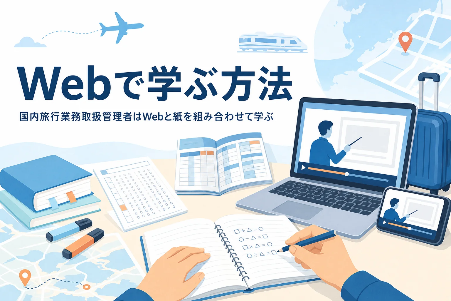 国内旅行業務取扱管理者をWeb講座やオンライン教材と紙のノートを組み合わせて学ぶ方法を紹介する記事のアイキャッチ