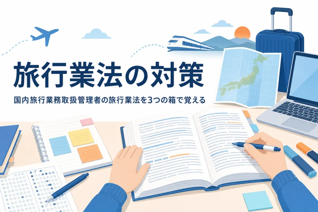 国内旅行業務取扱管理者の旅行業法を3つの箱に分けて覚える方法を解説する記事のアイキャッチ