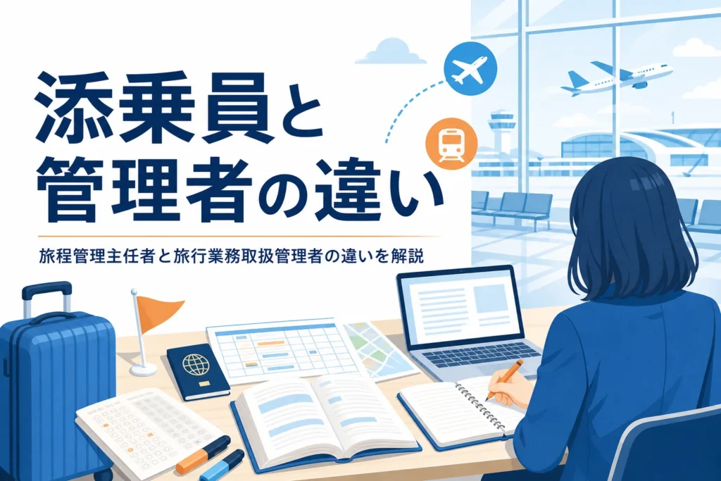 旅程管理主任者と旅行業務取扱管理者の違いと添乗員になる方法を解説する記事のアイキャッチ