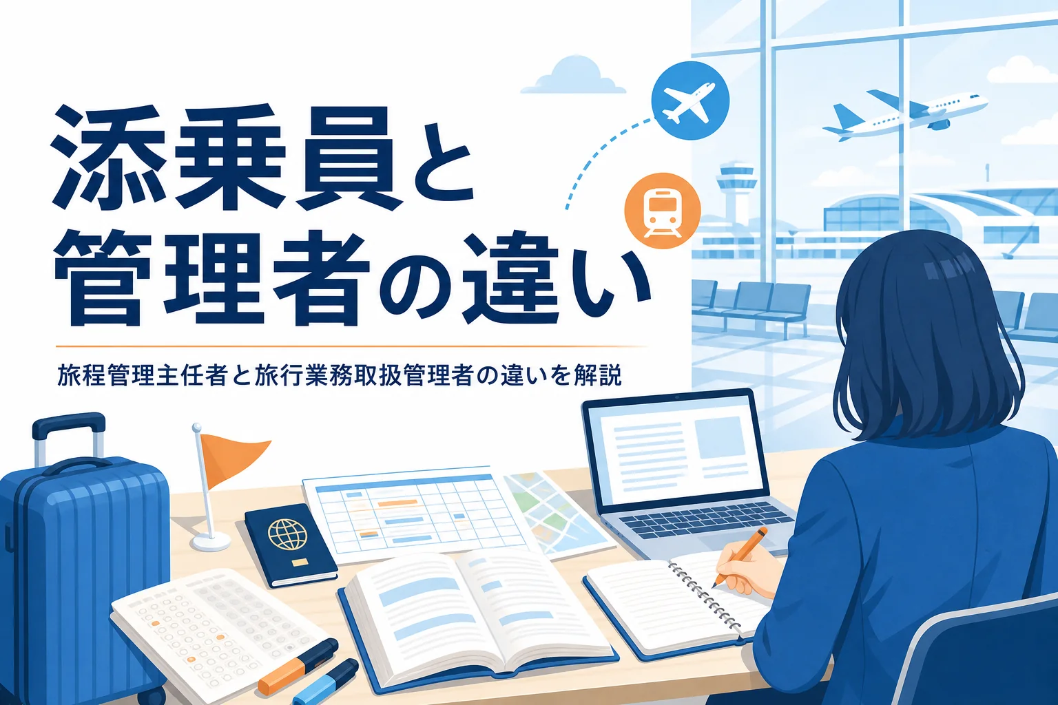 旅程管理主任者と旅行業務取扱管理者の違いと添乗員になる方法を解説する記事のアイキャッチ