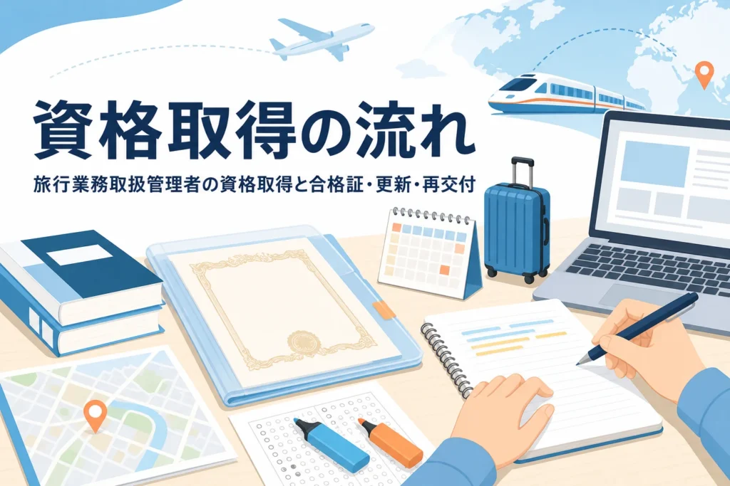旅行業務取扱管理者の資格取得の流れと合格証・更新・再交付を解説する記事のアイキャッチ