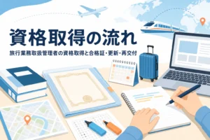 旅行業務取扱管理者の資格取得の流れと合格証・更新・再交付を解説する記事のアイキャッチ