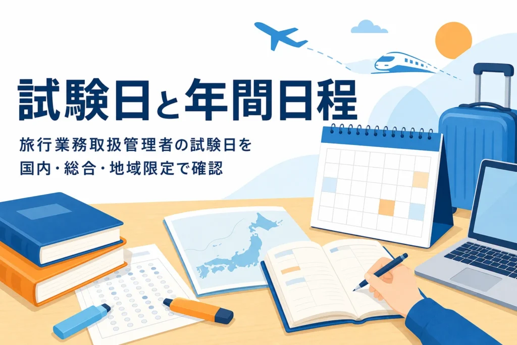 旅行業務取扱管理者の試験日を、国内・総合・地域限定の3試験で年間日程として確かめる記事のアイキャッチ