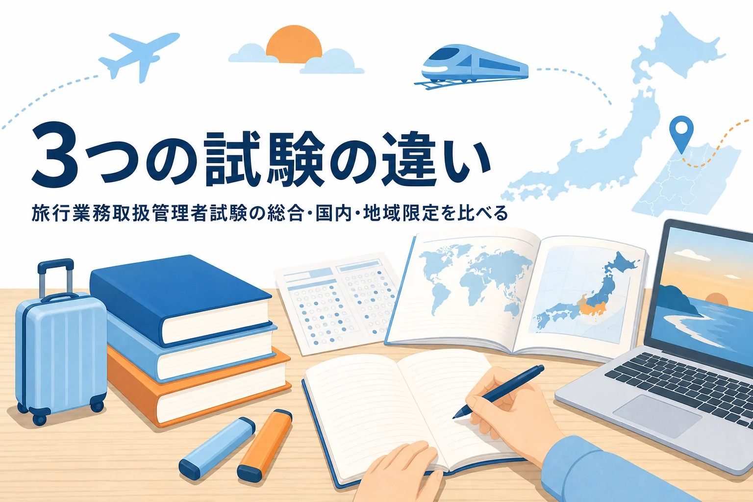 旅行業務取扱管理者試験の総合・国内・地域限定の3種類の違いを比べる記事のアイキャッチ