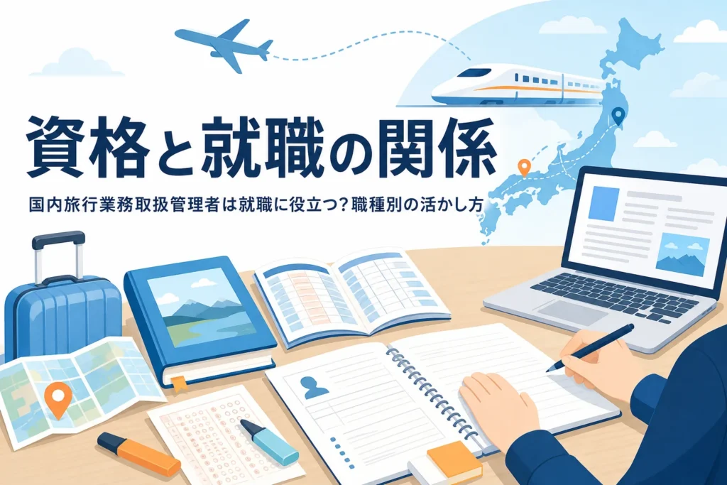 国内旅行業務取扱管理者と就職の関係を、旅行会社や鉄道会社などの職種別に解説する記事のアイキャッチ