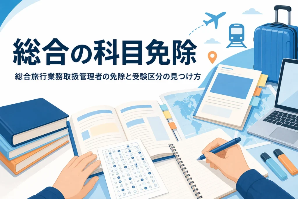総合旅行業務取扱管理者の科目免除と受験区分の見つけ方を解説する記事のアイキャッチ