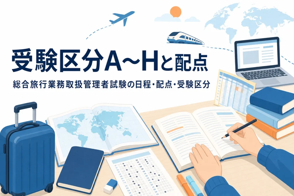 総合旅行業務取扱管理者試験の受験区分A〜H・日程・配点を説明する記事のアイキャッチ