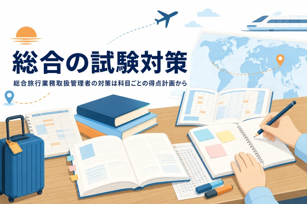 総合旅行業務取扱管理者の試験対策を、科目ごとの得点計画で紹介する記事のアイキャッチ
