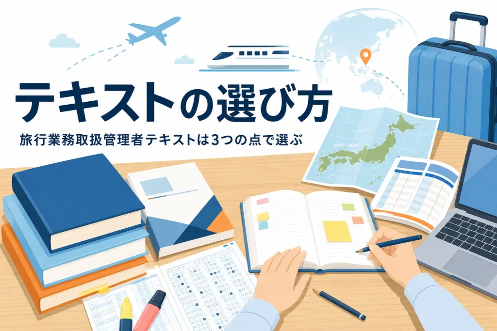 旅行業務取扱管理者のテキストを、対応する試験・法令の基準日・問題とのつながりで選ぶ記事のアイキャッチ