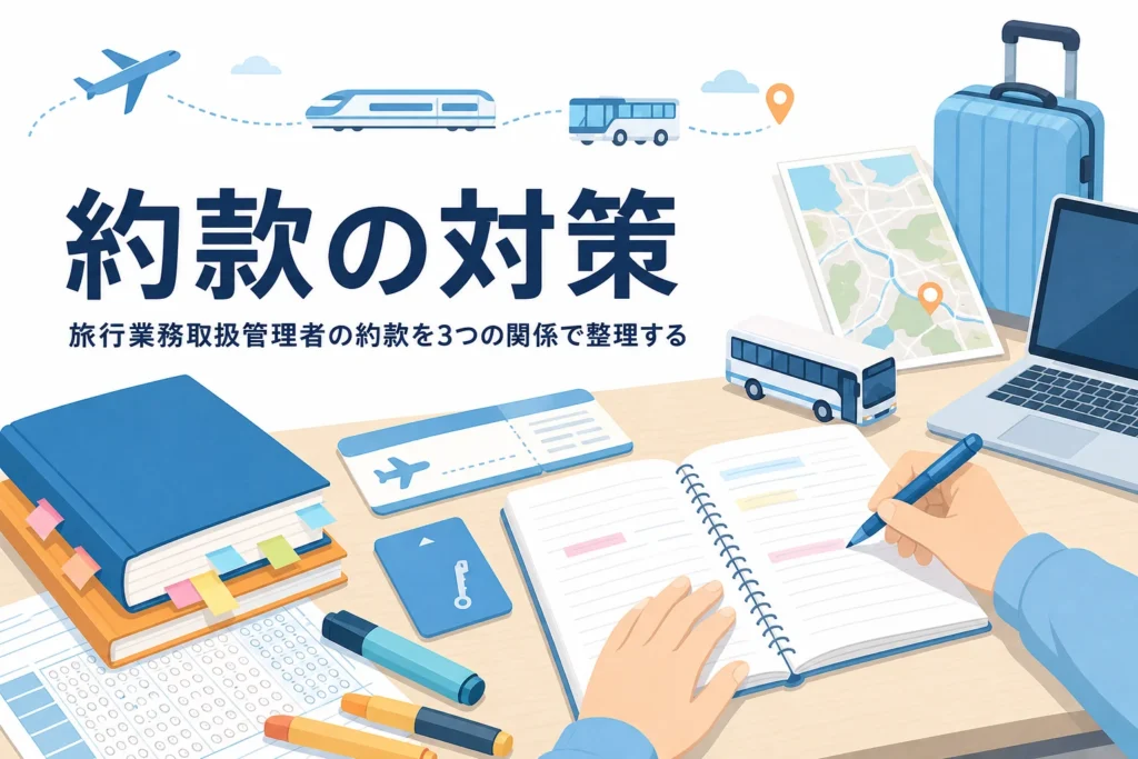 旅行業務取扱管理者の約款を3つの関係で整理して覚える方法を解説する記事のアイキャッチ