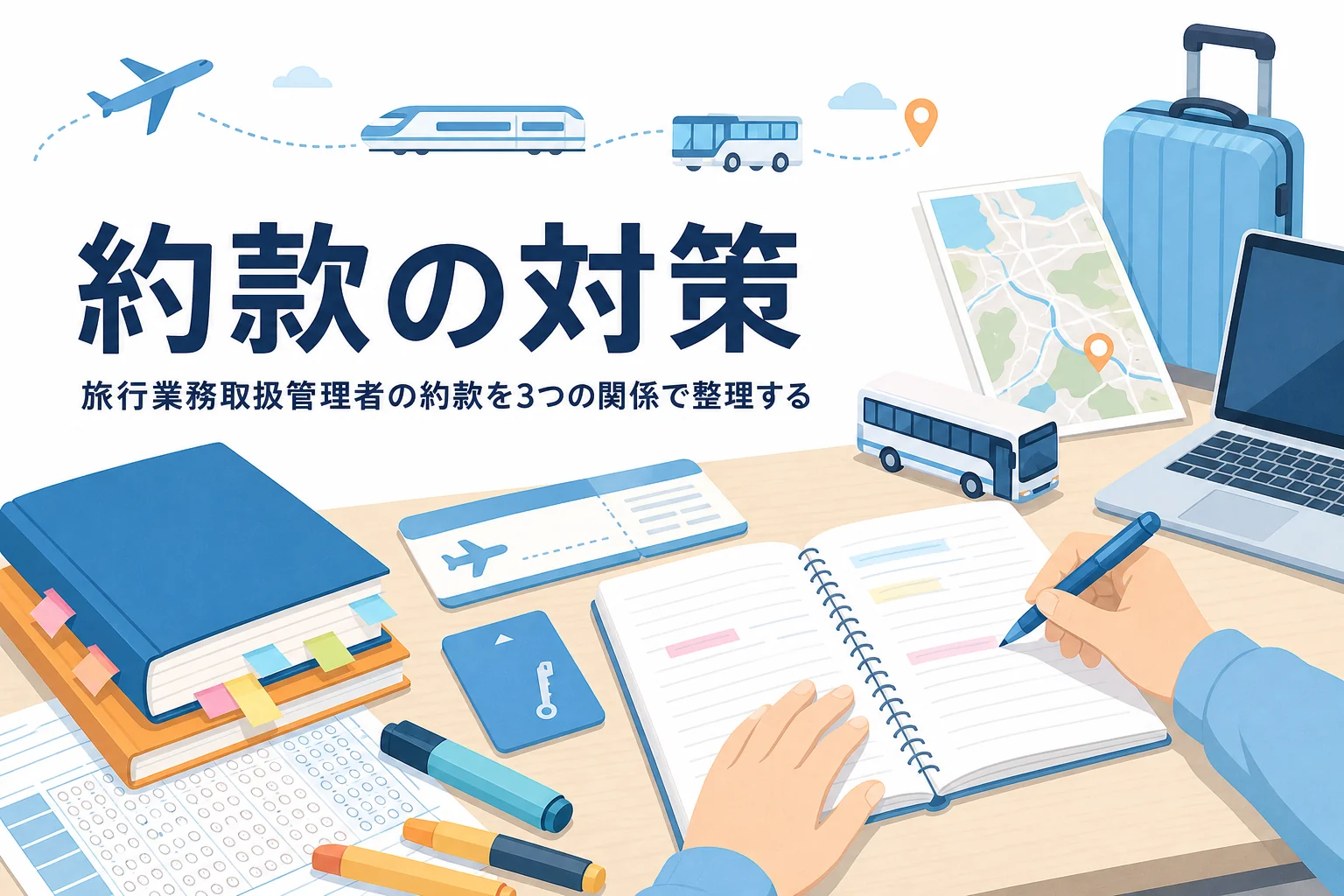 旅行業務取扱管理者の約款を3つの関係で整理して覚える方法を解説する記事のアイキャッチ